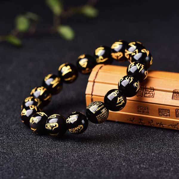 Bracelet Mantra Mani perles en obsidienne fait main - Karma et Moi