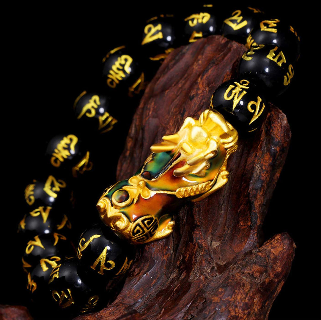 Bracelet d'abondance en obsidienne noire Pixiu mantra Mani - Karma et Moi