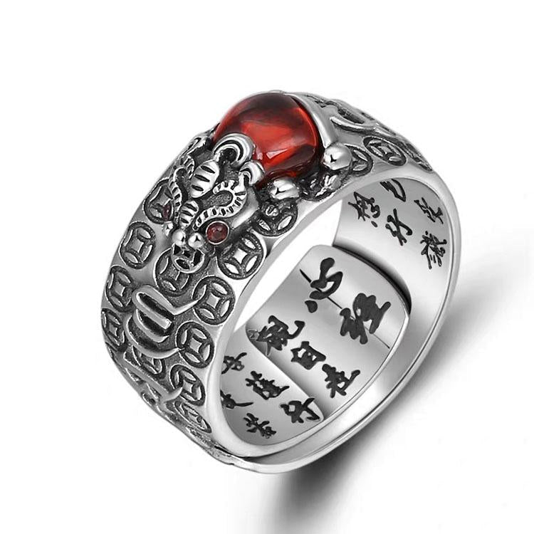 Bague Pixiu en grenat naturel - Bague de richesse Feng Shui - Karma et Moi