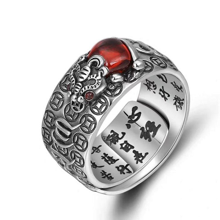 Bague Pixiu en grenat naturel - Bague de richesse Feng Shui - Karma et Moi