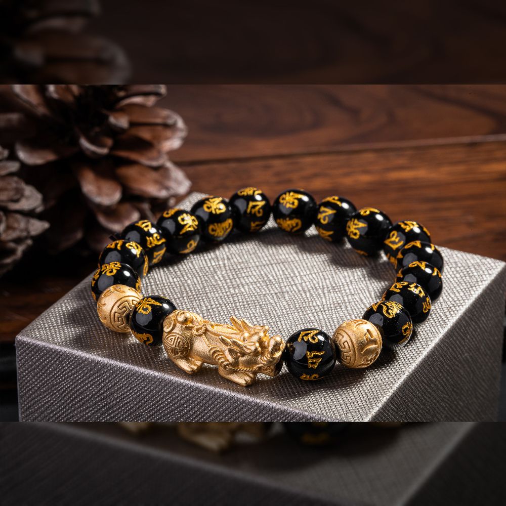 GRATUIT Bracelet obsidienne noire bracelet Feng Shui avec Pixiu - "Richesse" - Karma et Moi