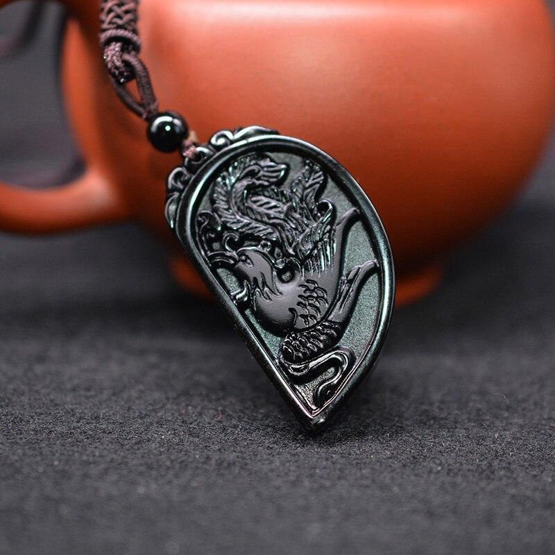 Collier en forme de demi-cœur pour les couples - Parure de pendentifs dragon et phénix en obsidienne - Karma et Moi