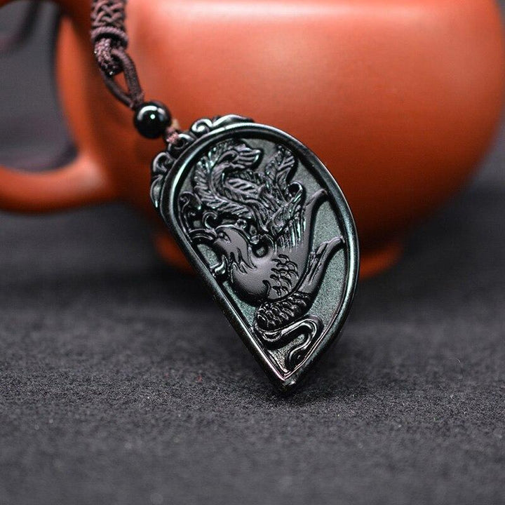 Collier en forme de demi-cœur pour les couples - Parure de pendentifs dragon et phénix en obsidienne - Karma et Moi
