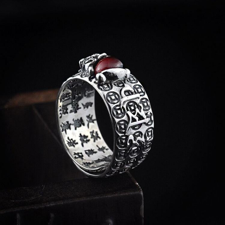 Bague Pixiu en grenat naturel - Bague de richesse Feng Shui - Karma et Moi